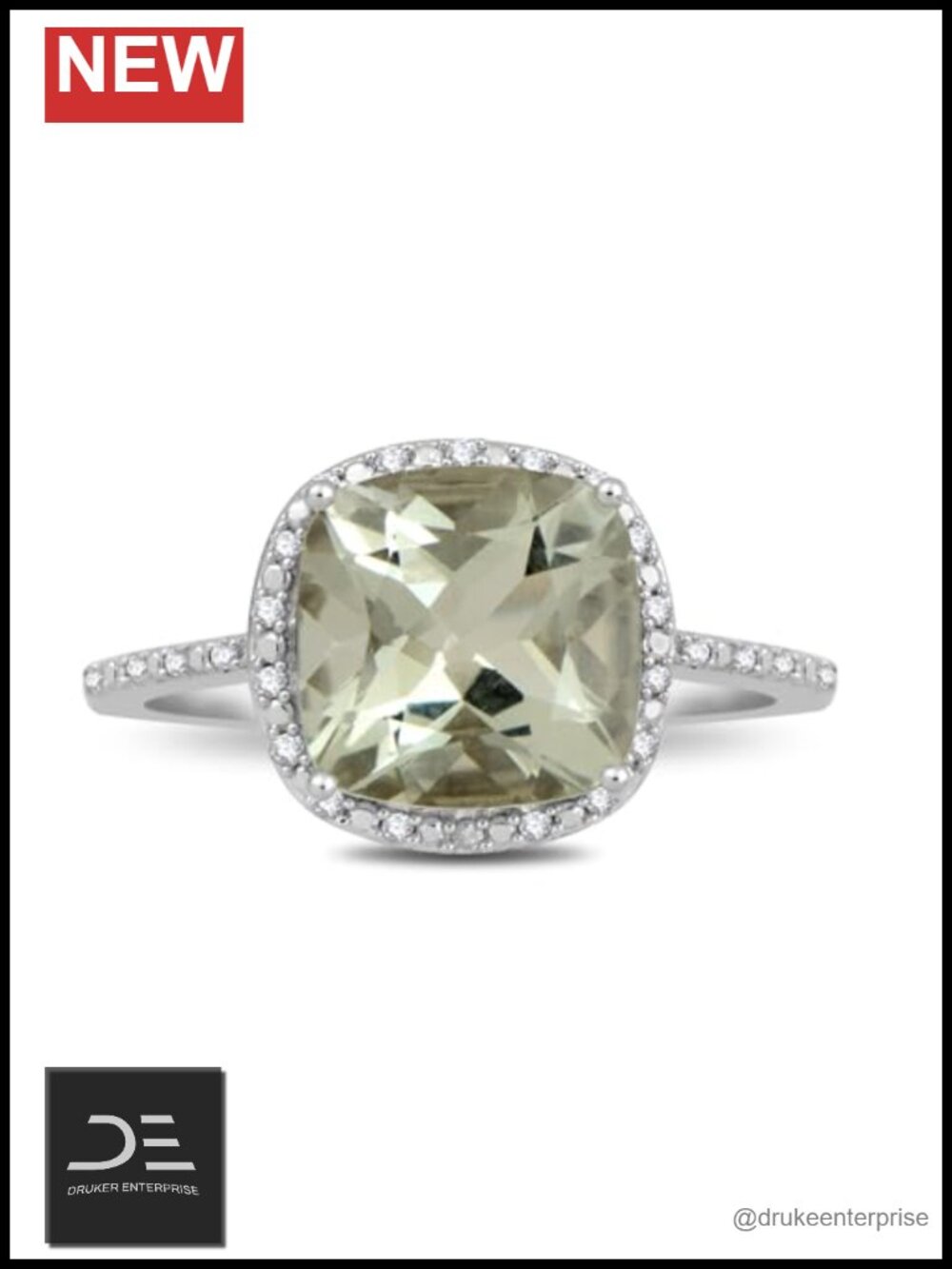 925 Sterling Silver Cocktail Ring Green Amethyst Halo Diamond Size 8